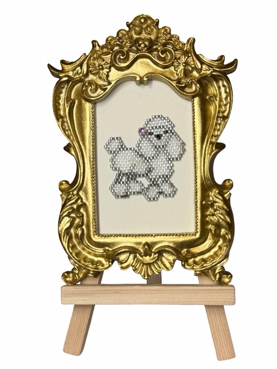 Hand Crafted Other - Hand-Beaded Poodle Portrait – Miniature Dog Art with Crystal, Ornate Gold Frame